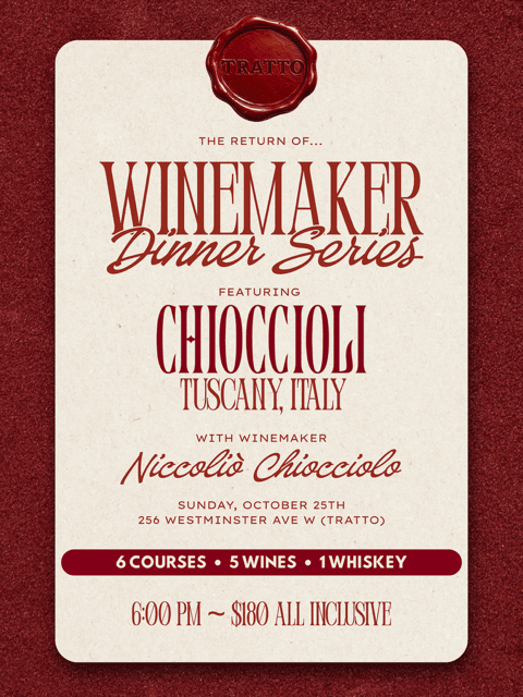 2026-10-25 Winemaker Dinner Series featuring Chioccioli, Tuscany, Italy with winemaker Niccoliò Chiocciolo. 6 Courses, 5 Wines, 1 Whiskey. 6:00 pm, $180 All Inclusive